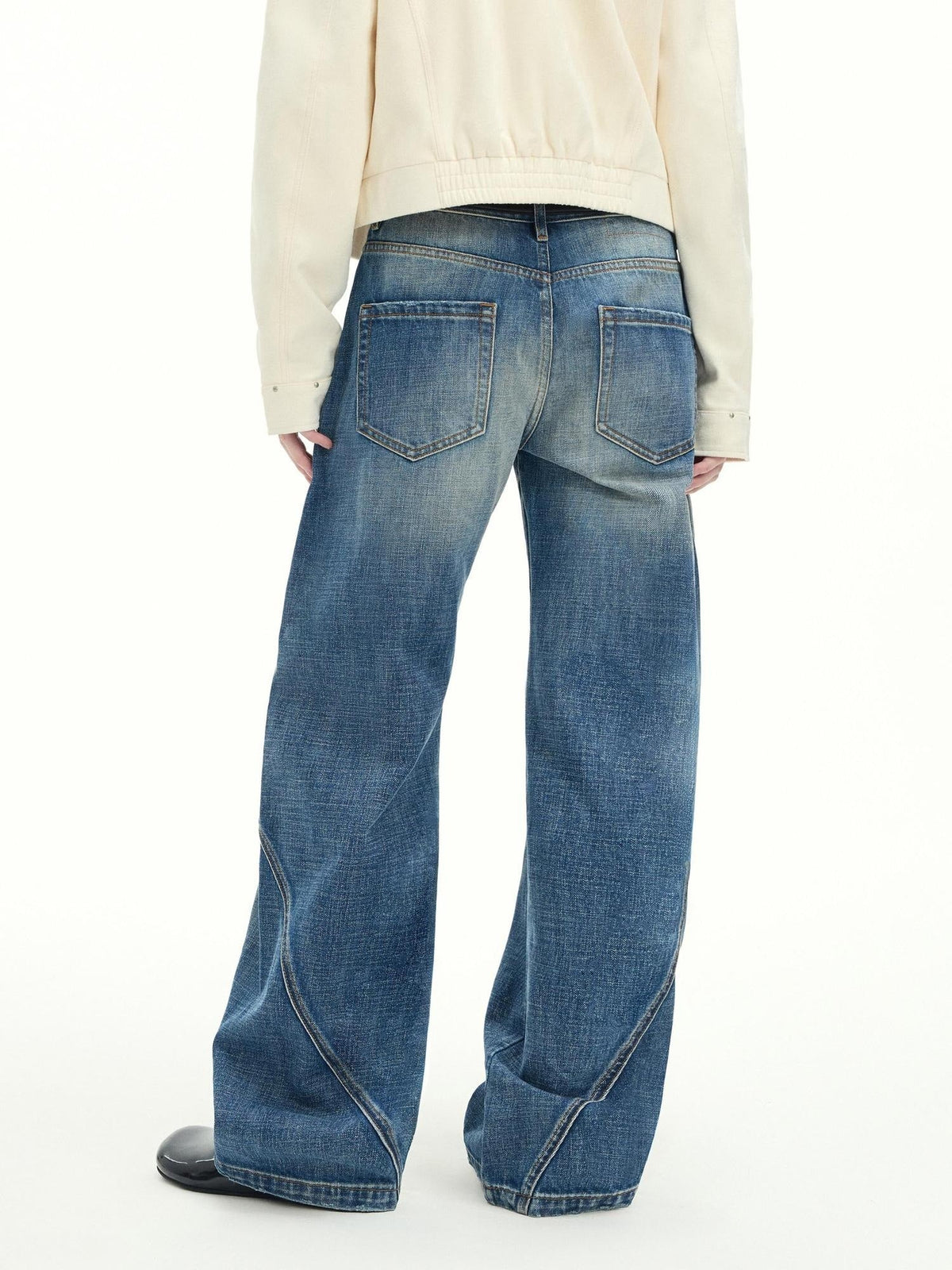 Vintage Washed Low Rise Cotton Boxy Women Zip Fly Nostalgic Blue Straight Jeans