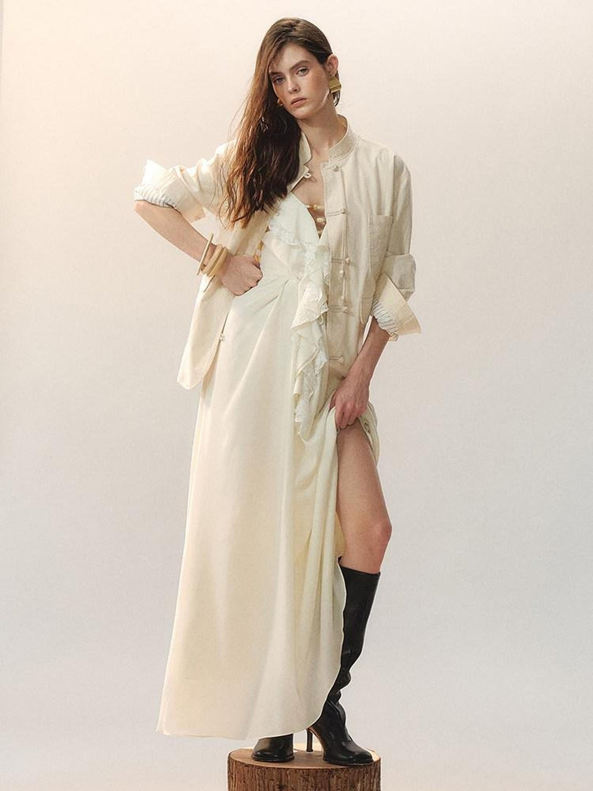100 Percent Cotton Chinese Loose Fit Women Casual Beige Overshirts