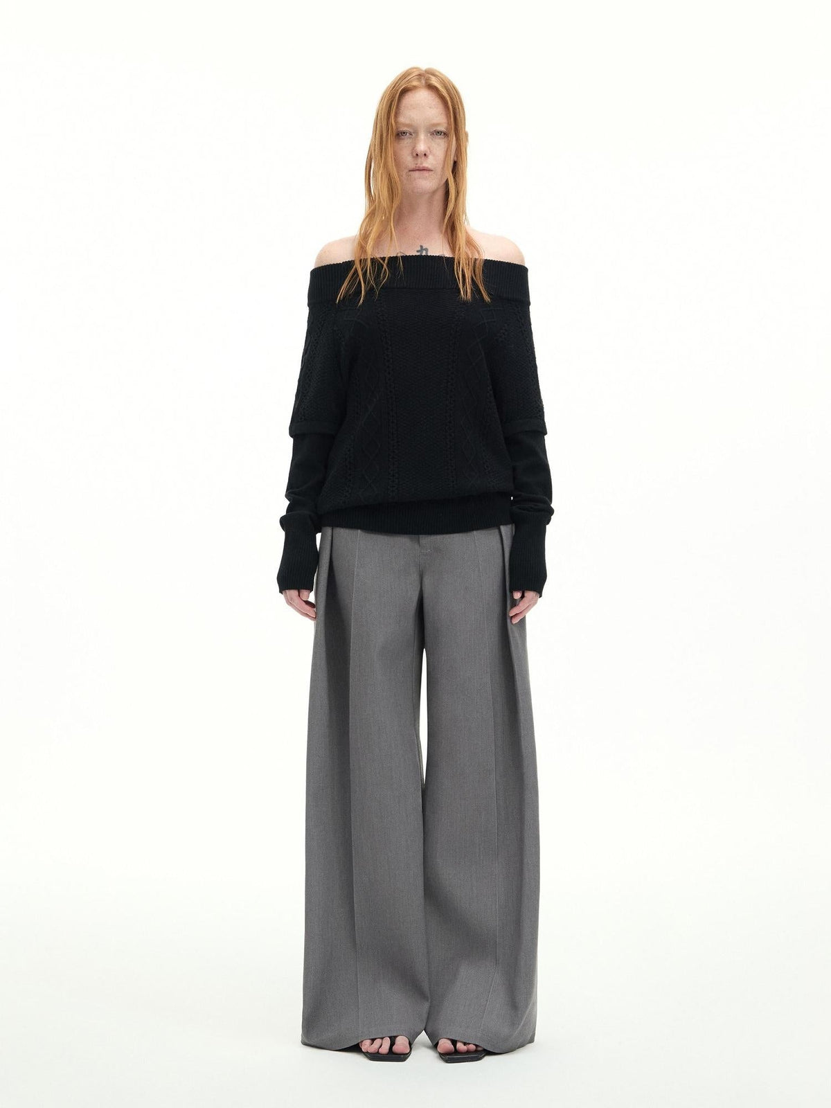 Low Rise Jacquard Minimal Casual Women Light Heather Gray Wide-Leg Pants