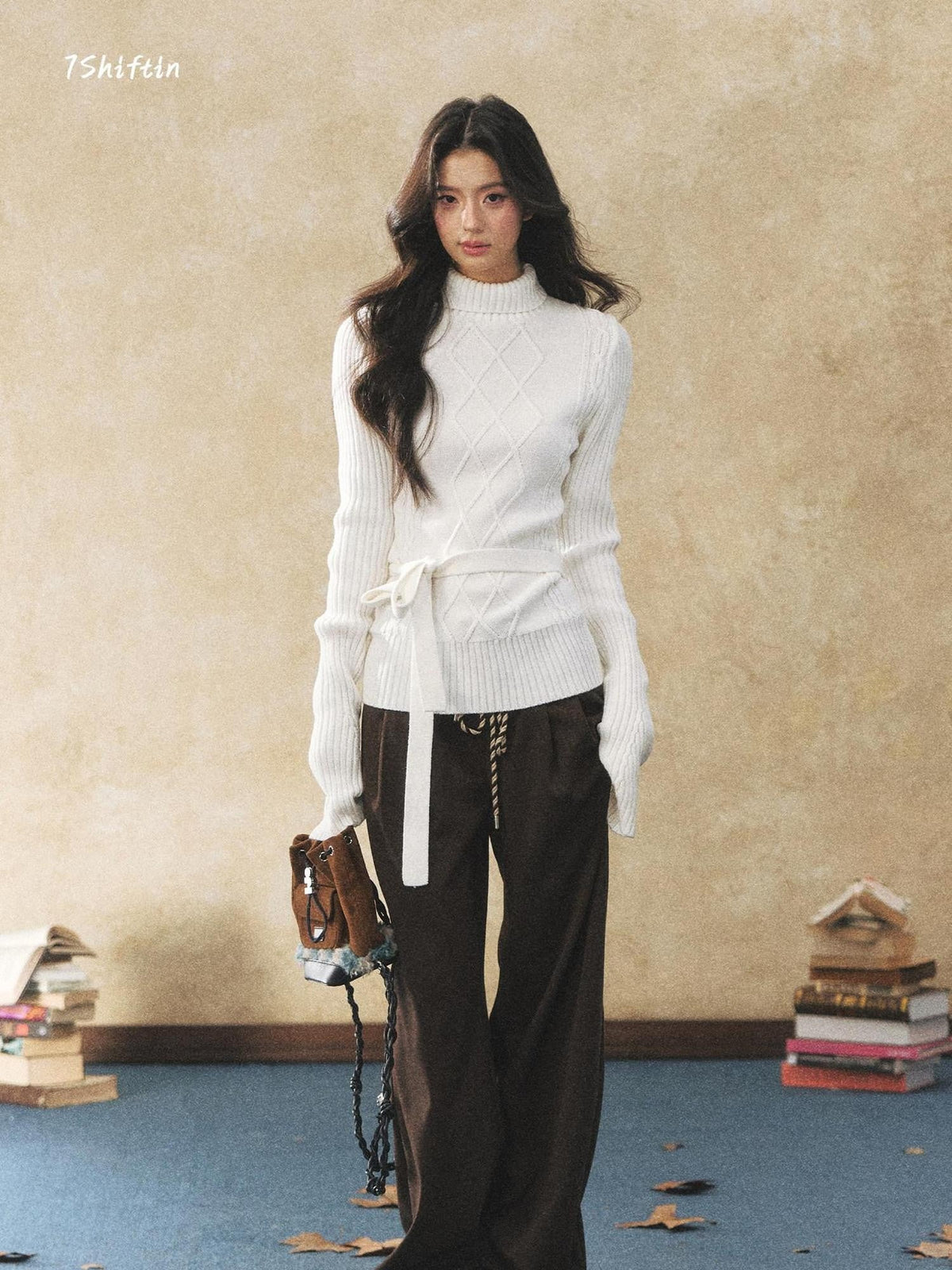 Cozy Belted High Neck Slim Fit Cable Diamond Knit Long Sleeve Women Sweaters