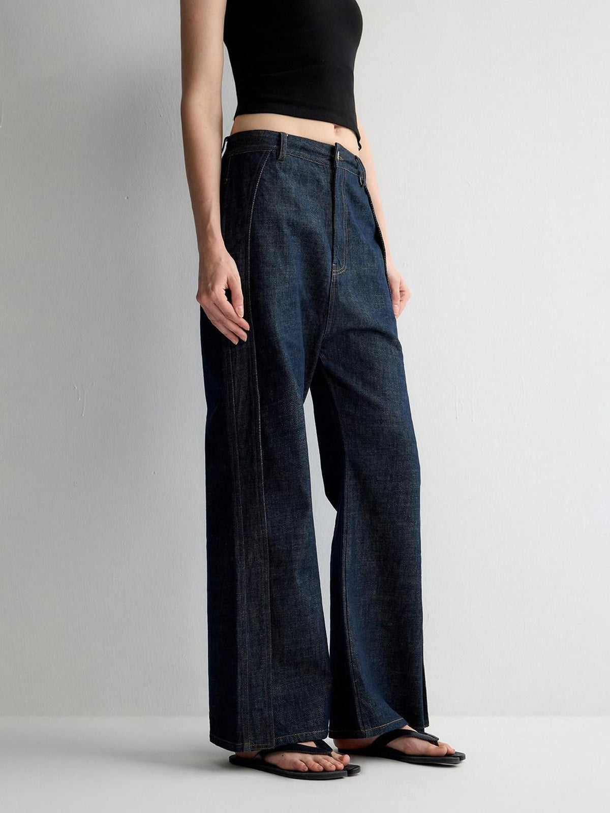 Durable Washed Casual Low Rise Wide Leg Dark Denim Flare Jeans