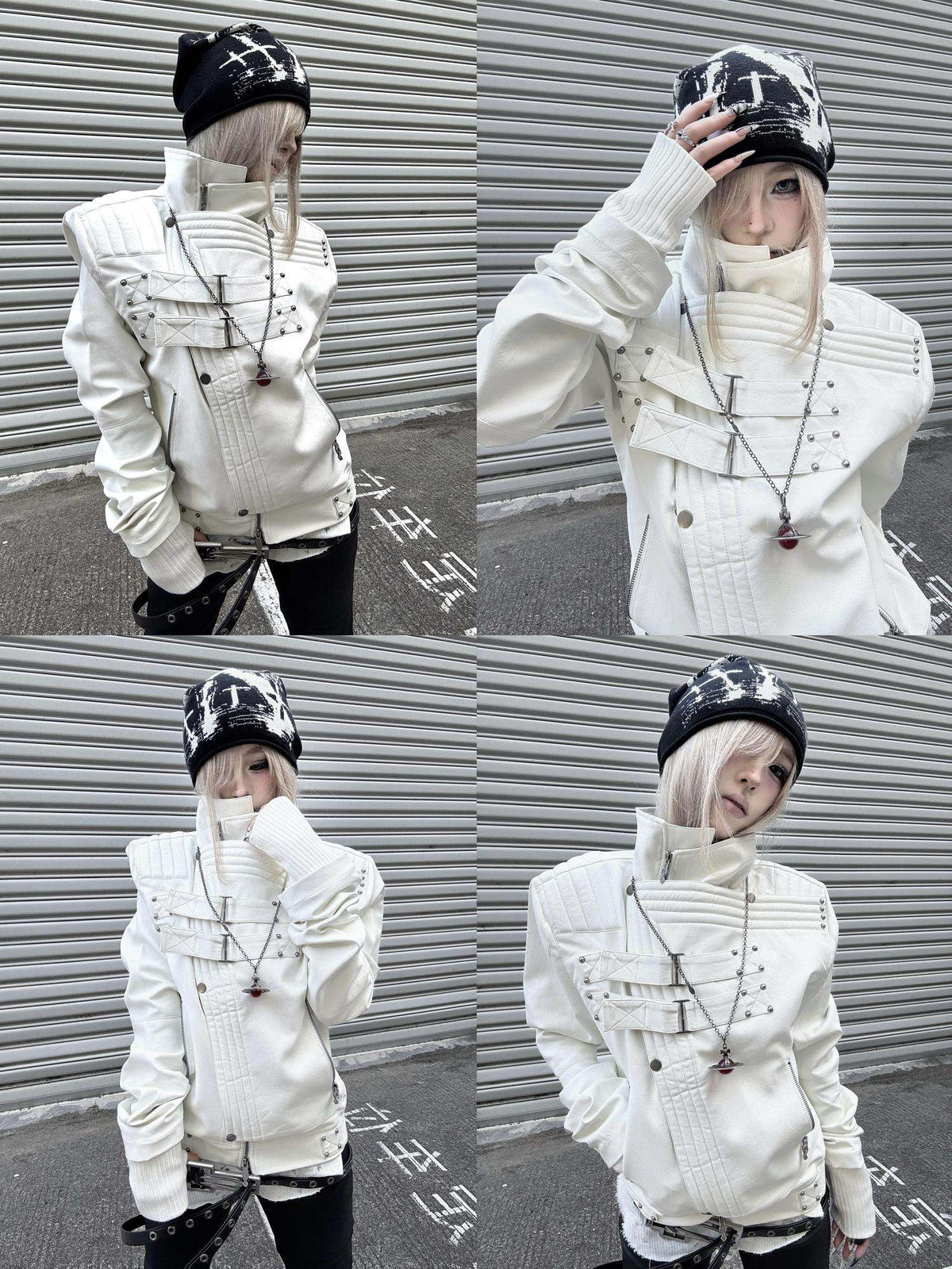 Windproof Pu Cropped Zip Long Sleeve Silver Moon White Leather Jackets