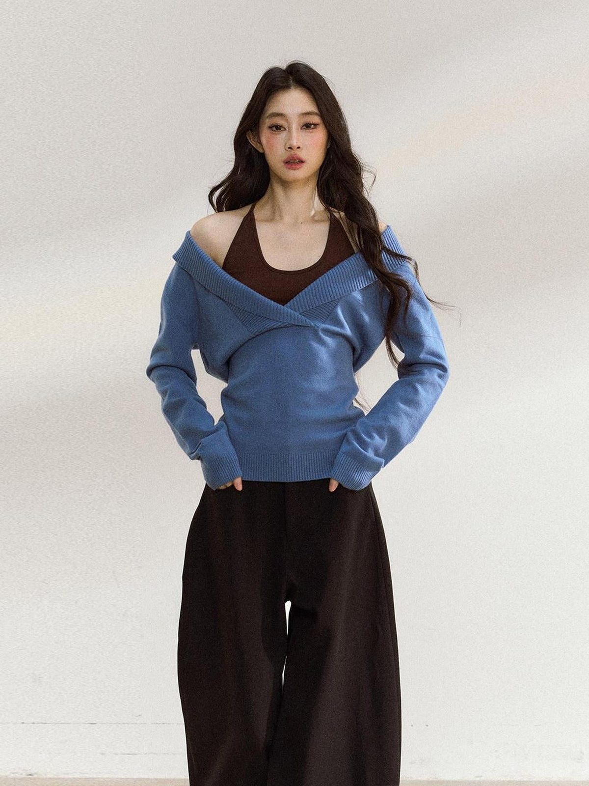Soft Modal Acrylic Blend Casual V-neck Pullover Long Sleeve Women Knit Sweaters
