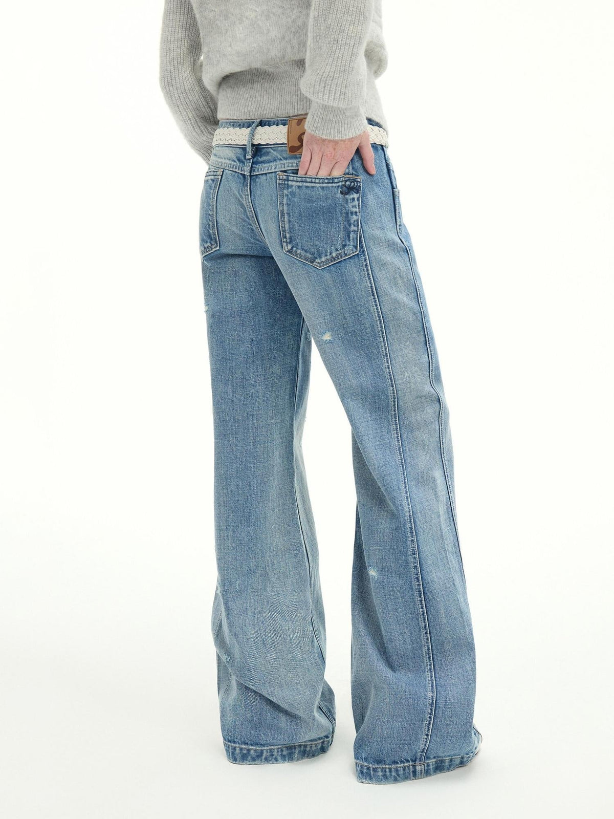 Vintage Washed Flared Cotton Natural Waist Women Blue Wide-Leg Jeans