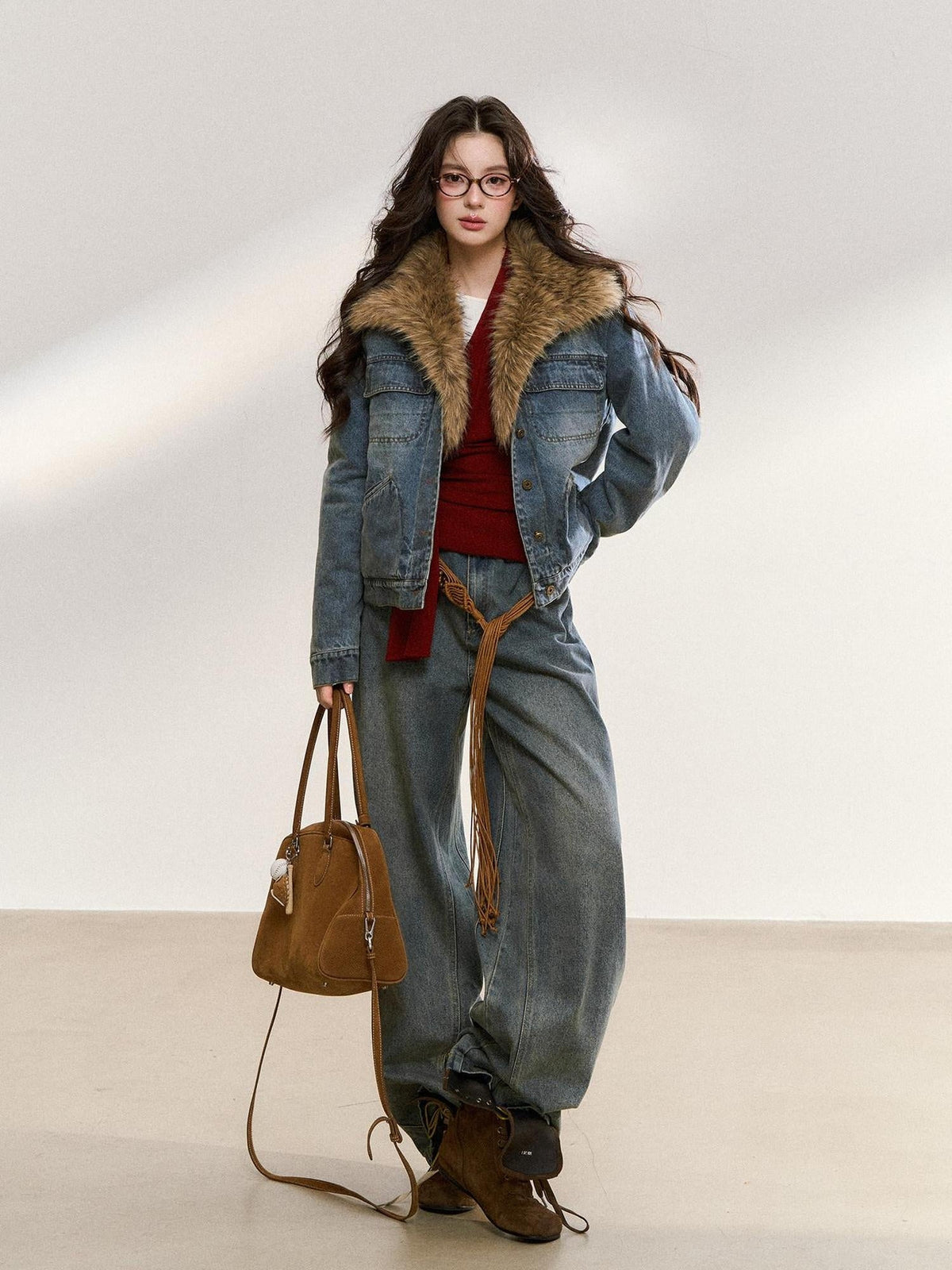 Warm Detachable Fur Collar Casual Cropped Women Long Sleeve Denim Jackets