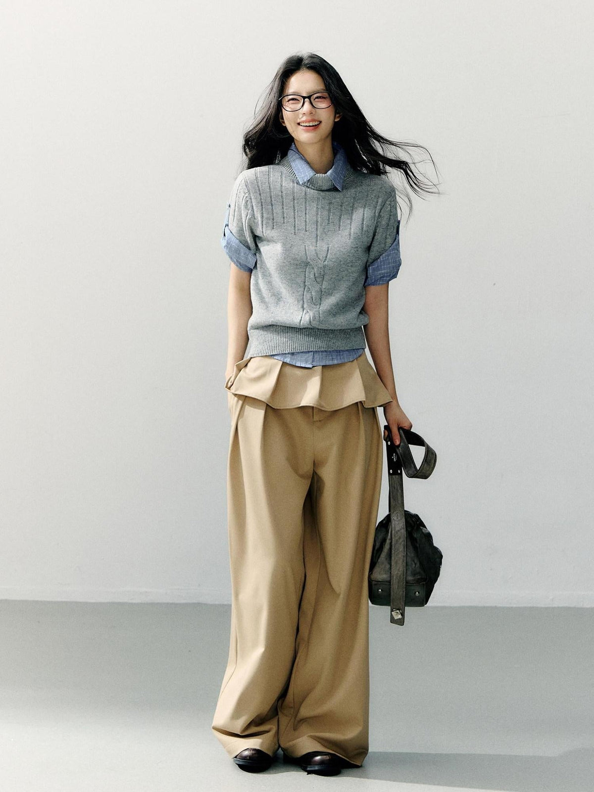 Detachable Lace Trim Natural Waist Casual Khaki Women Wide Leg Pants