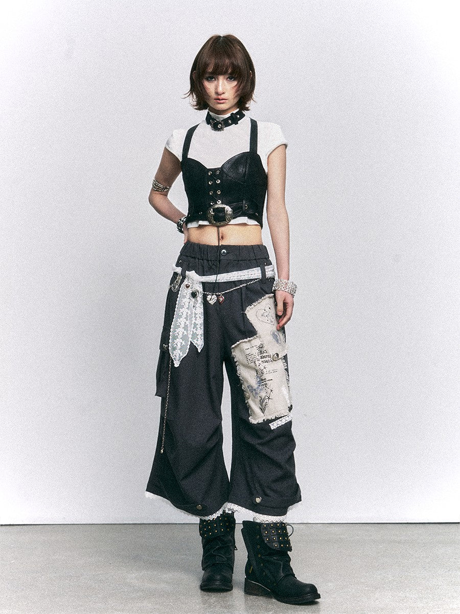 Dark Gray Vintage Lace Print Applique Women's Wide-leg Pants