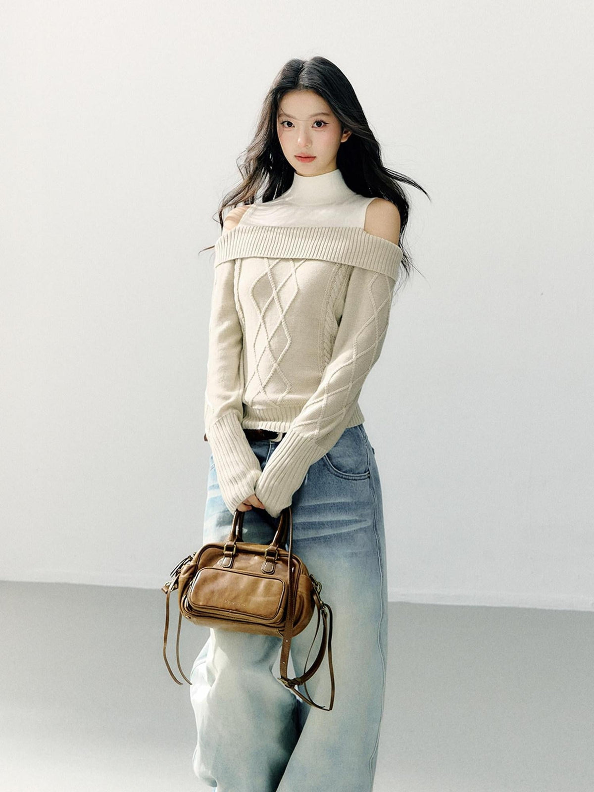 Faux Layer Halter Neck Relaxed Slim Fit Women Campus Knit Pullover Sweaters