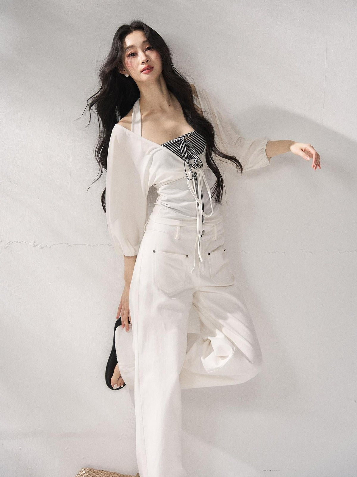 Button Front Natural Waist Casual White Flowy Wide Leg Pants
