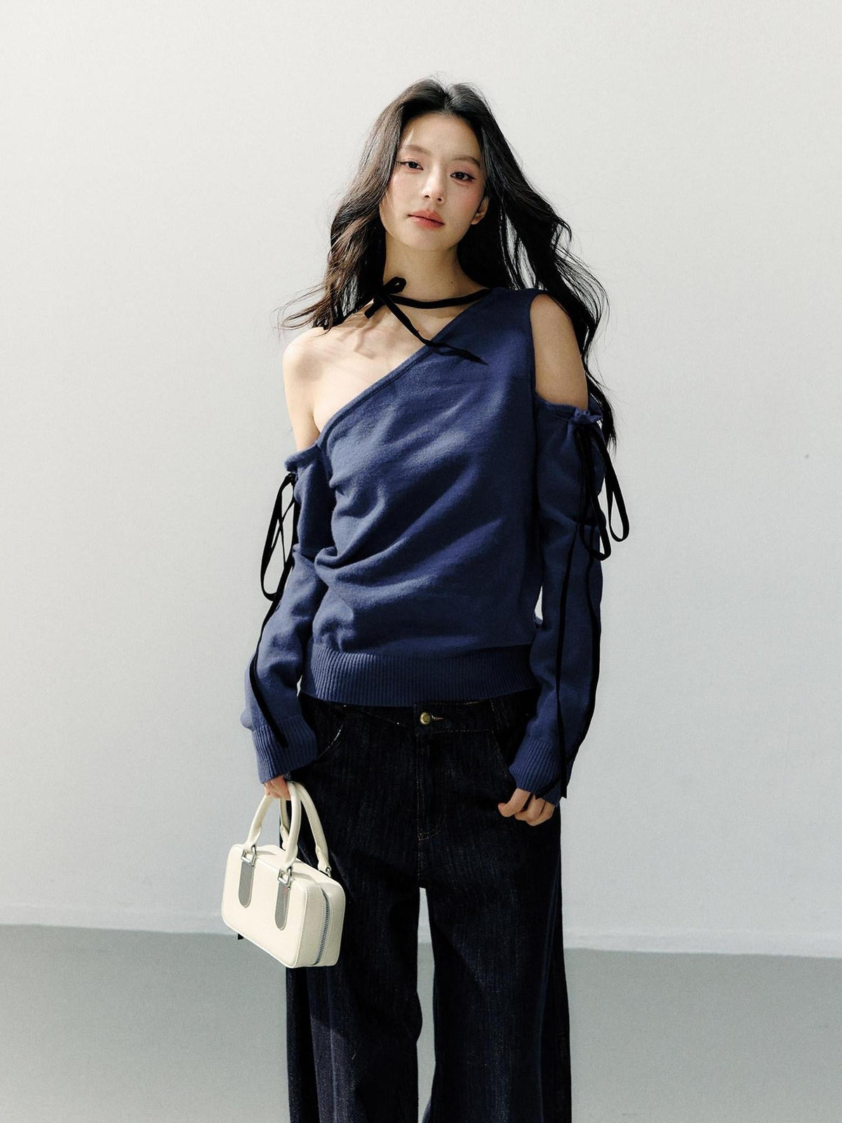 Cozy Casual Loose Backless Women Knit Pullover Blue Long Sleeve Sweaters