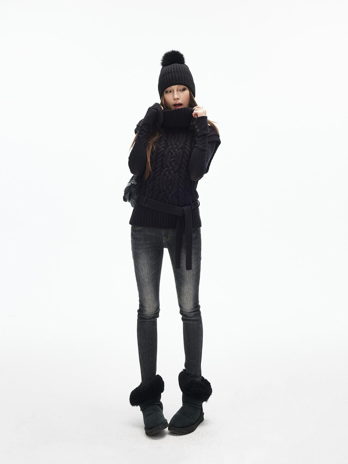 Two Tone 3d Cable Chunky Knit Belted High Neck Cap Sleeve Women's Sweater Vests