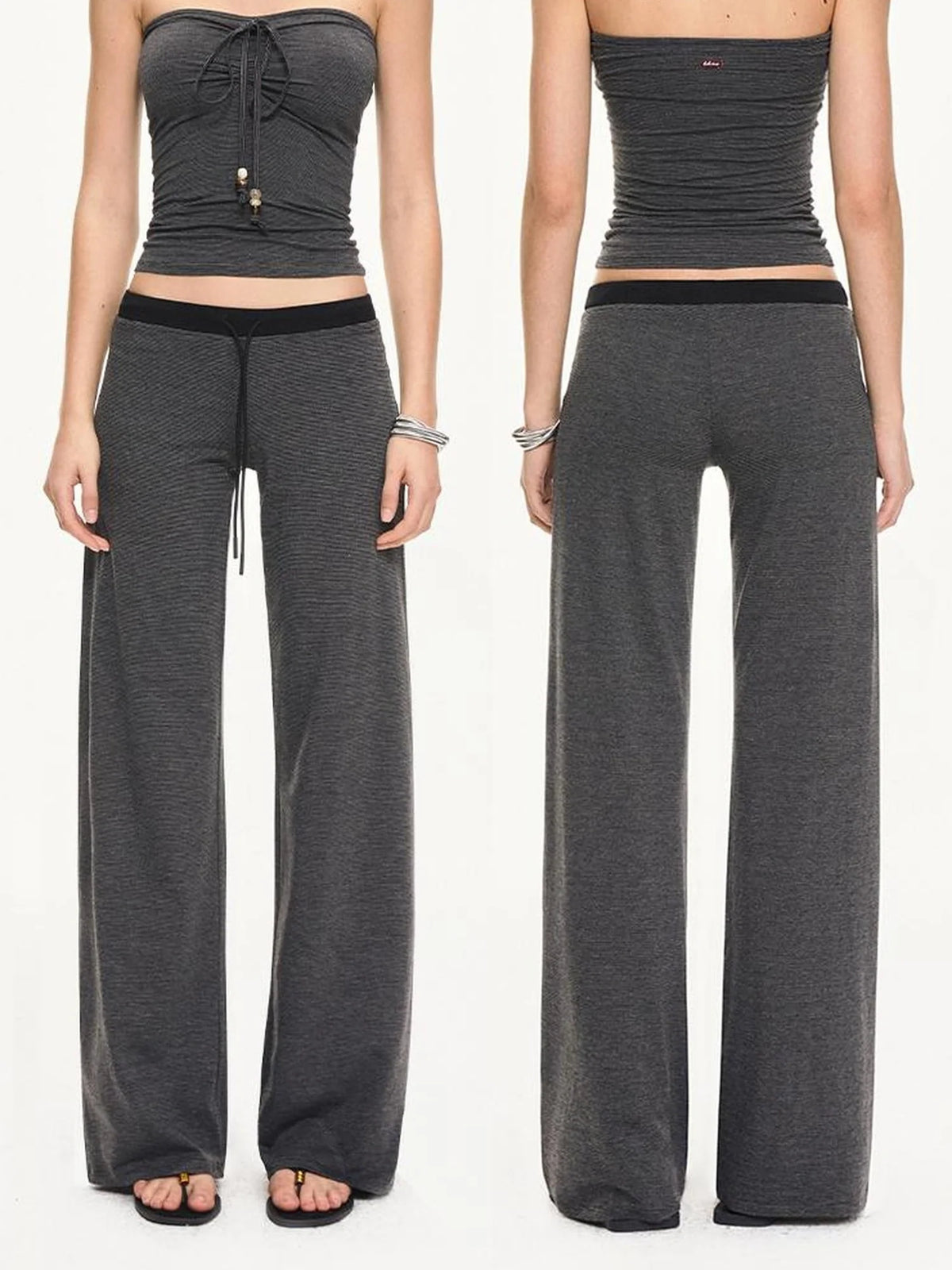 Black Gray Striped Knit Drawstring Wide Leg Pants