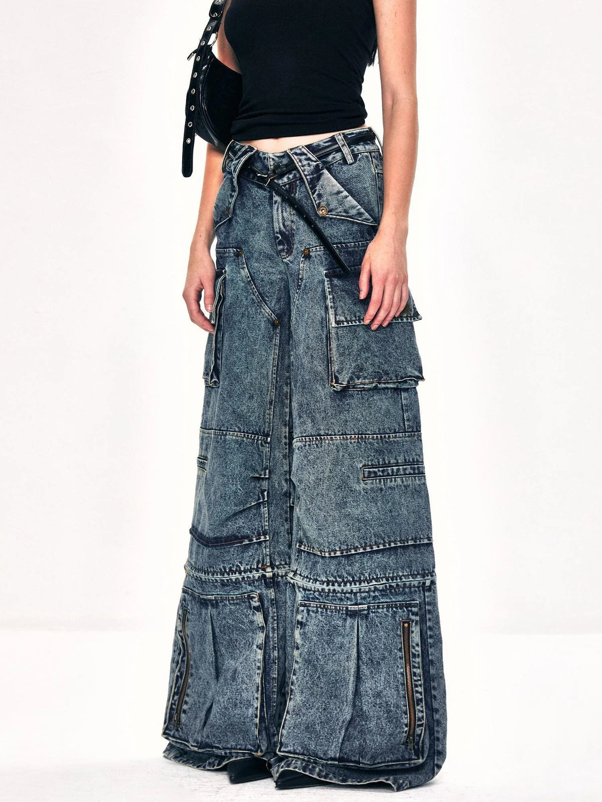 Convertible Washed Cargo Capri Jeans
