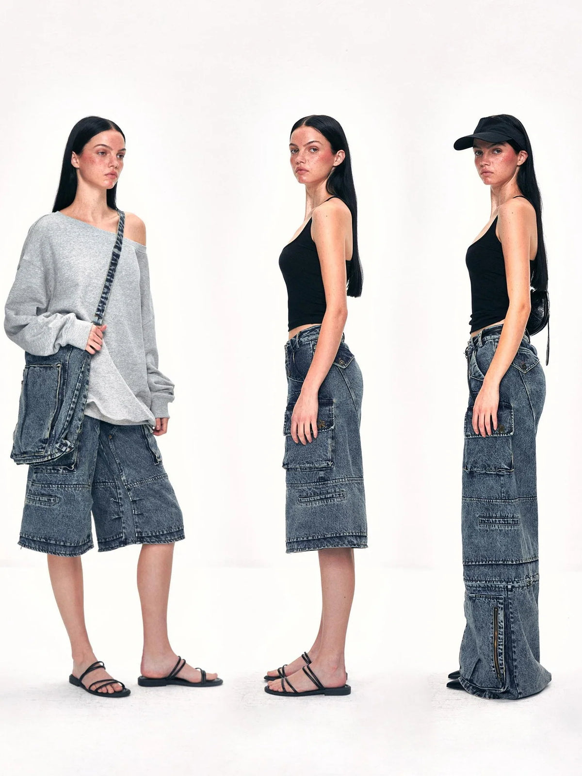Convertible Washed Cargo Capri Jeans