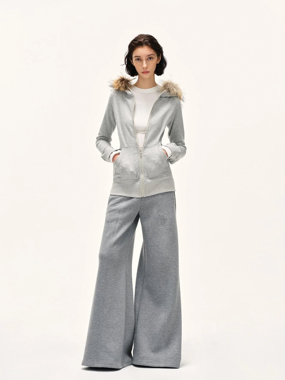 Detachable Fur Hooded Zip Up Sweatshirt