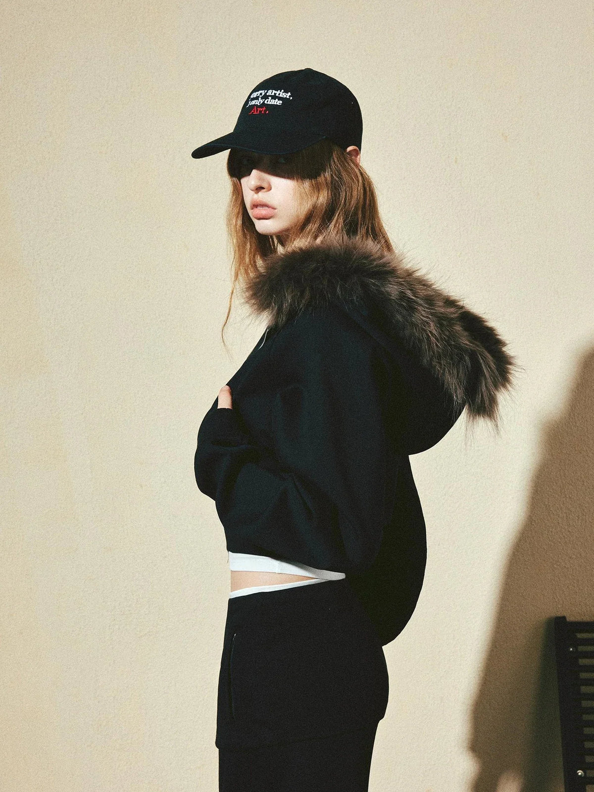 Detachable Raccoon Fur Hooded Crop Sweatshirt