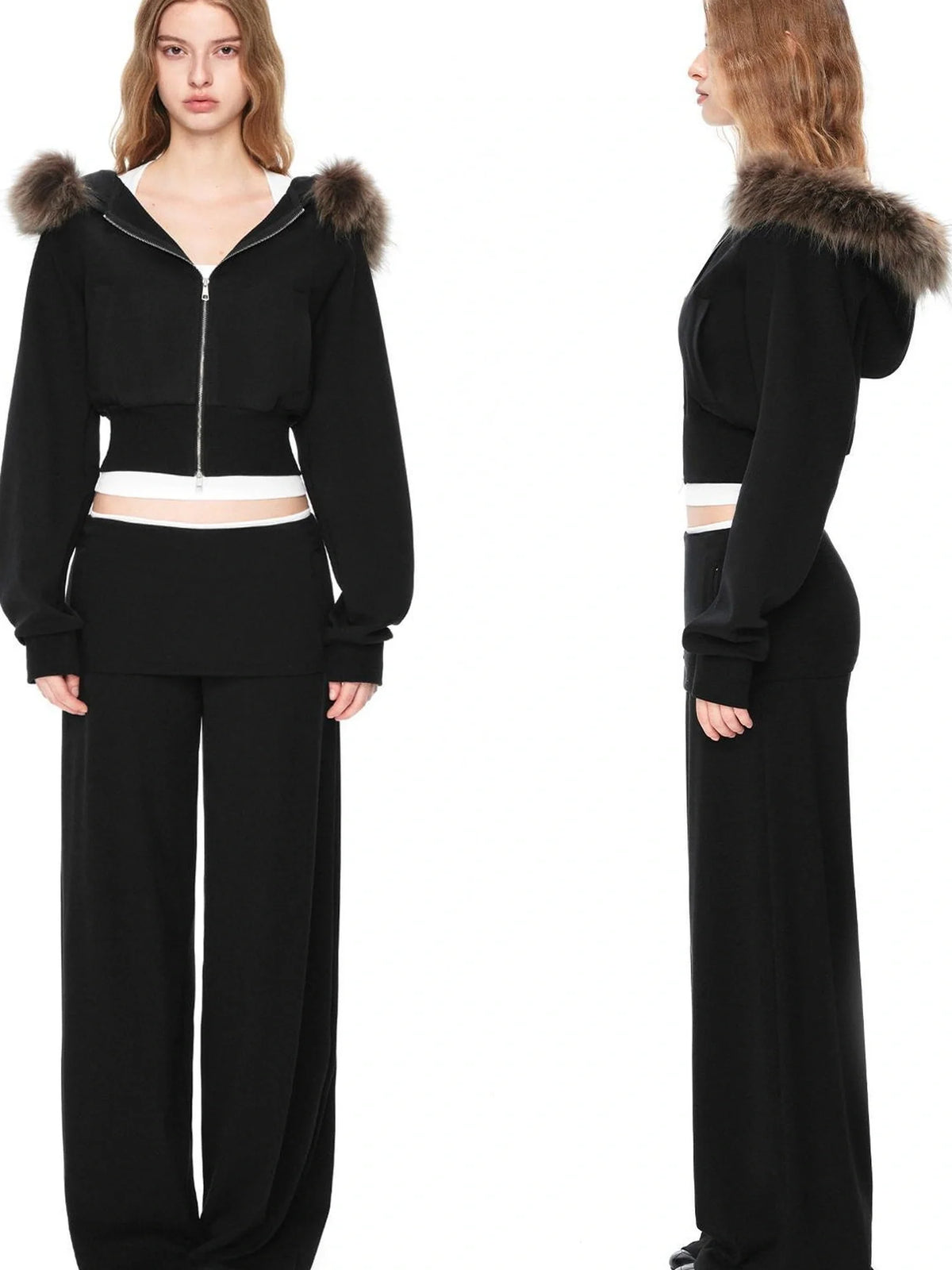 Detachable Raccoon Fur Hooded Crop Sweatshirt