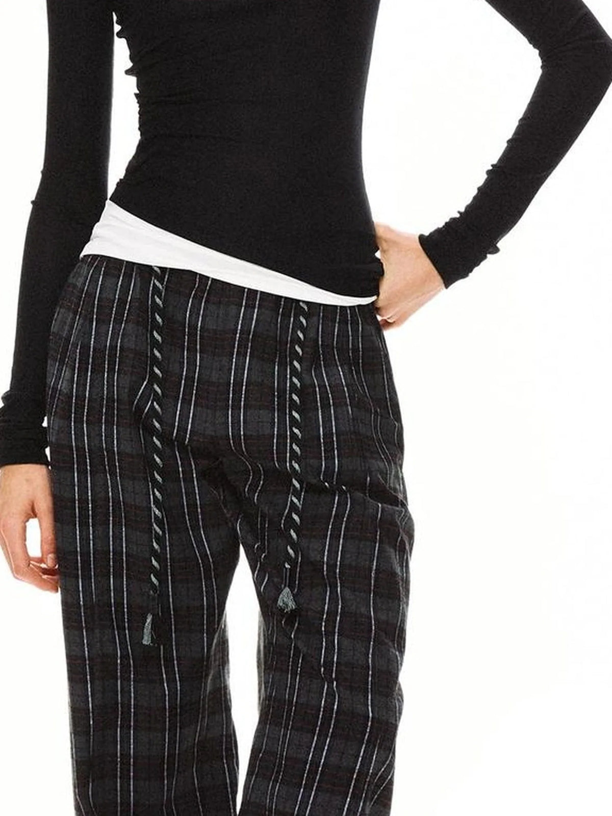 Drawstring Black Red Plaid Pants