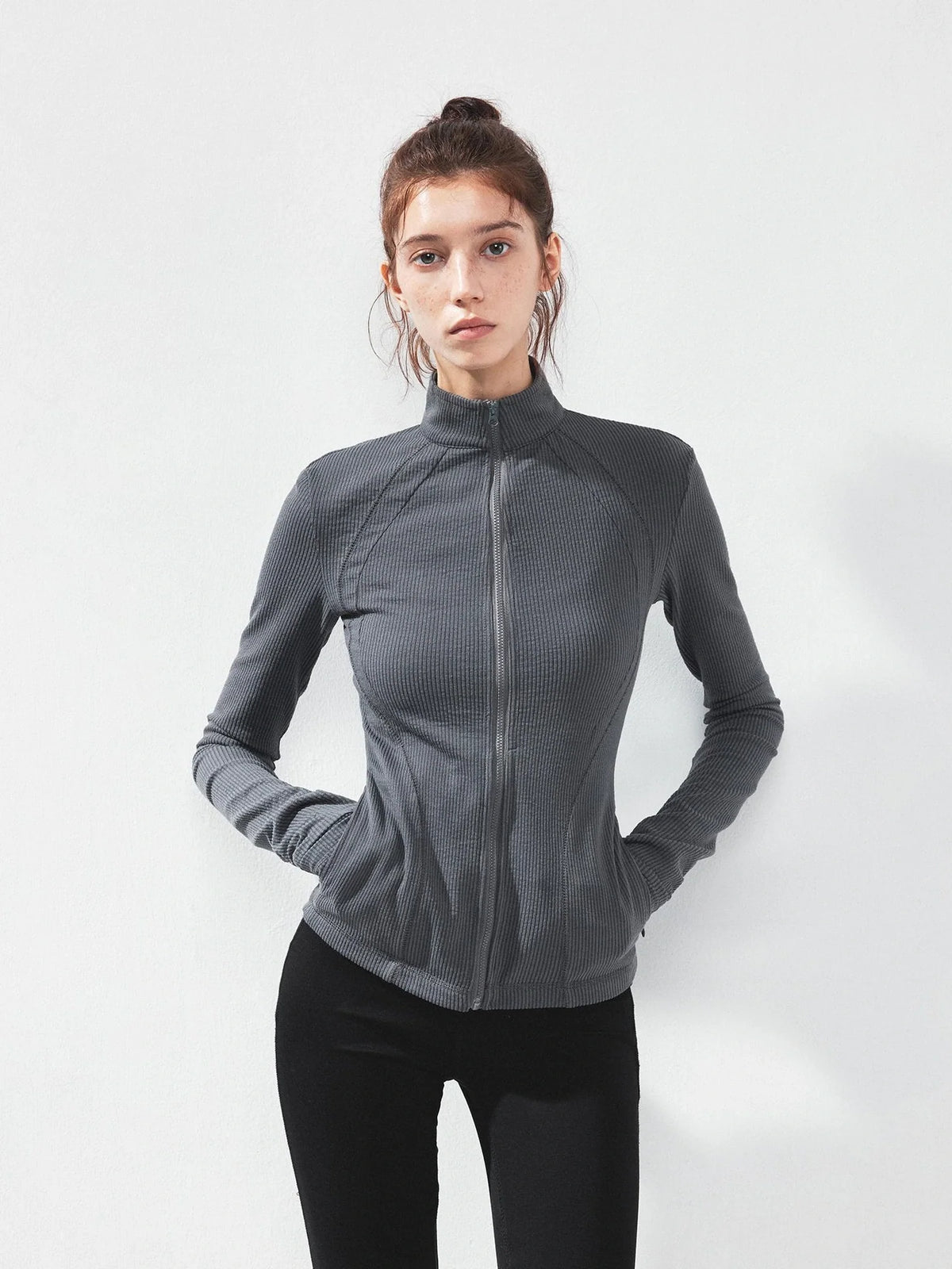 Gray Stripe Fitted Yoga Jacket