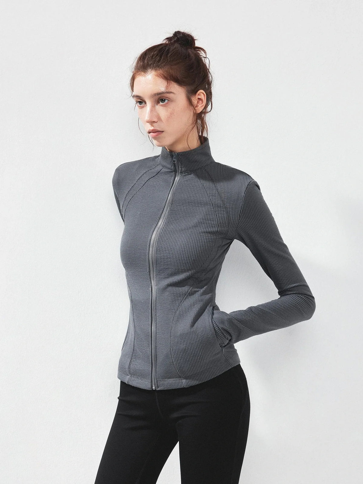 Gray Stripe Fitted Yoga Jacket