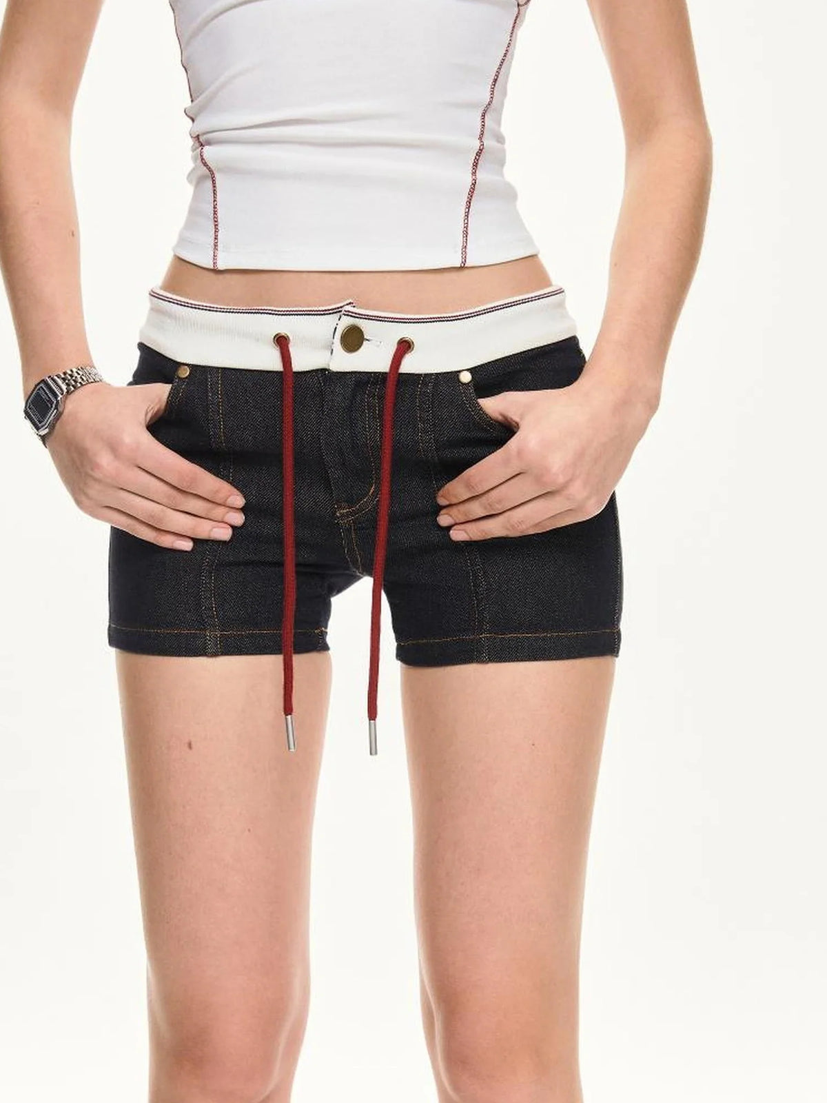 Two Tone Ribbed Denim Shorts