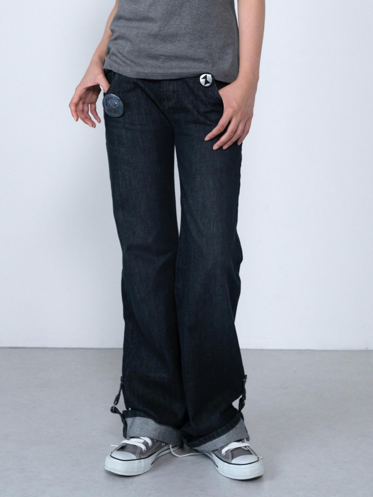 Adjustable Hem Embroidered Pocket Slim Women's Denim Straight-leg Jeans