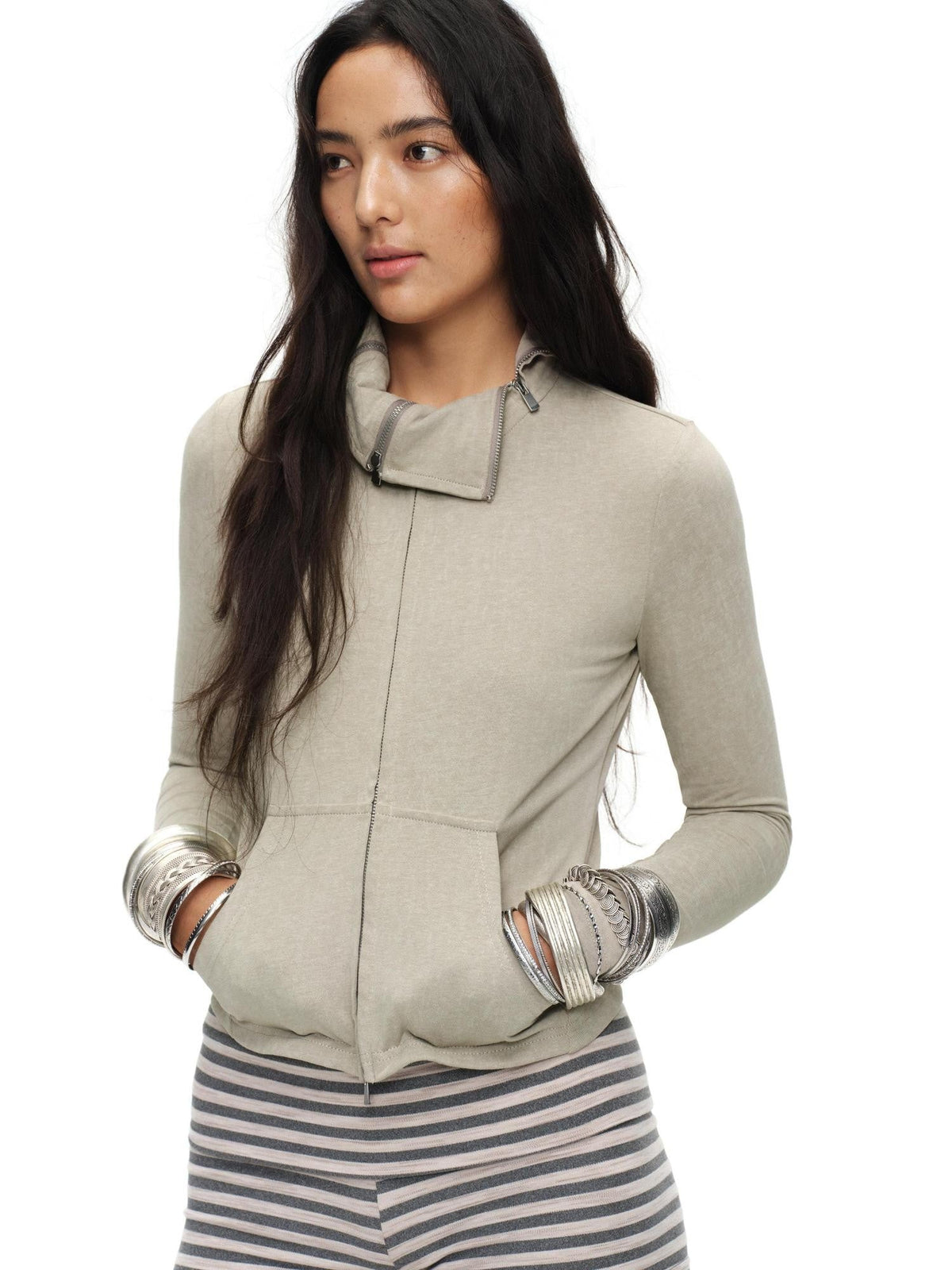 Sand Multi Zipper Stand Collar Slim Women'S Cotton Pullover Sweaters